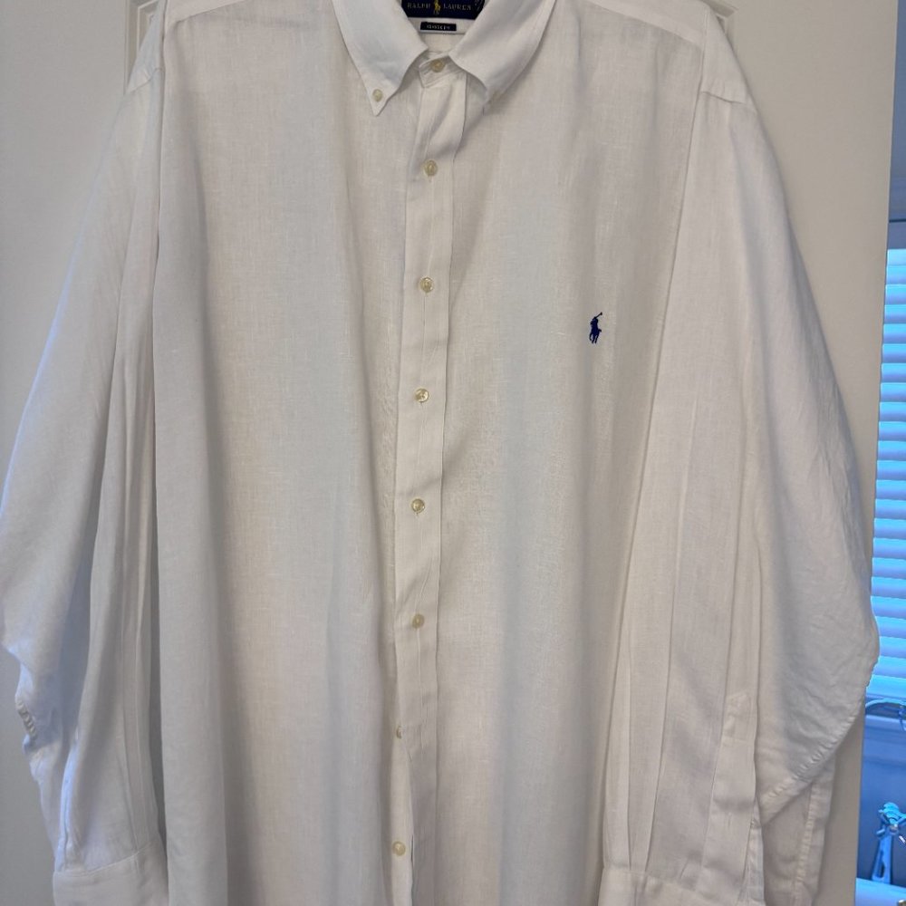 Men's Polo Linen long sleeve shirt, white, 2XB